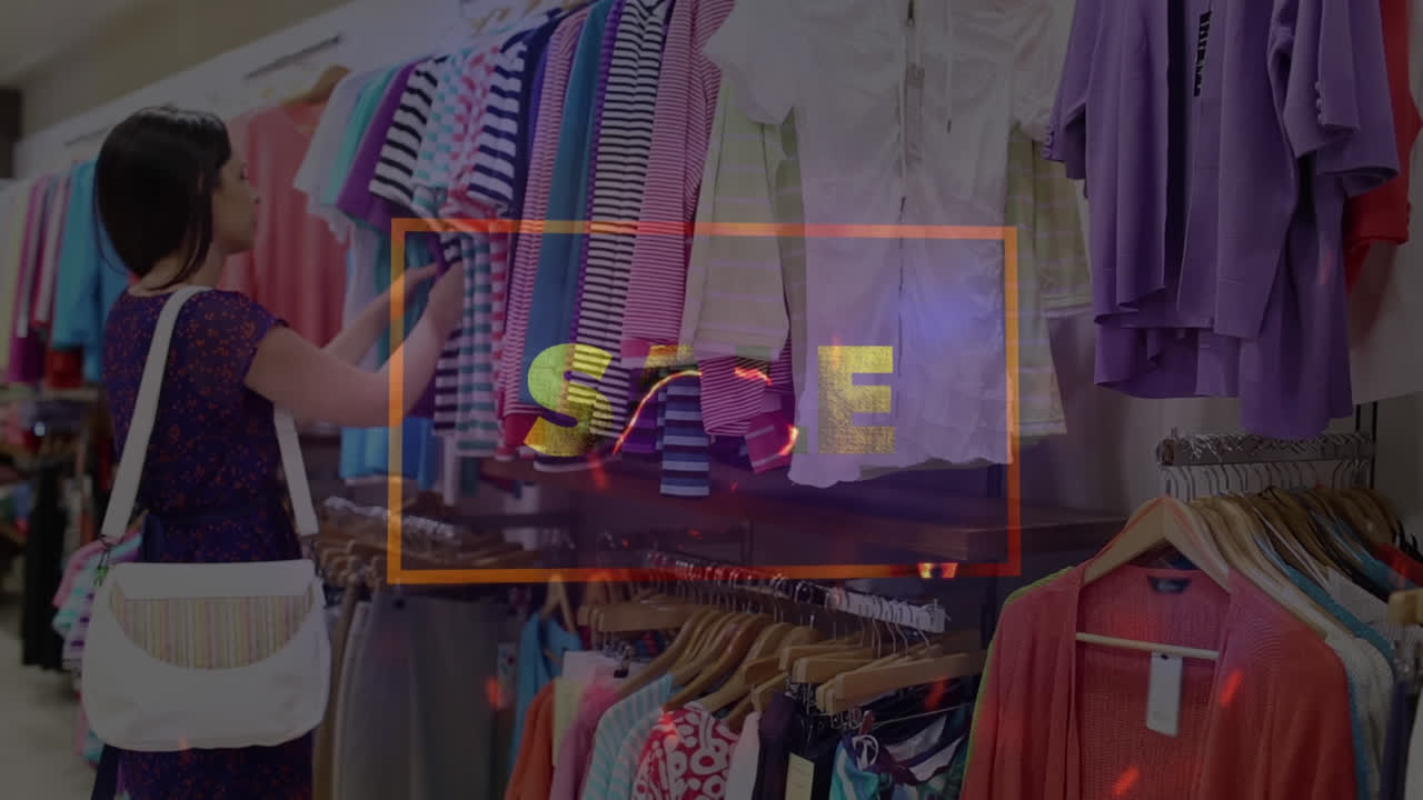 여성이 옷을 선택하는 판매 텍스트의 애니메이션