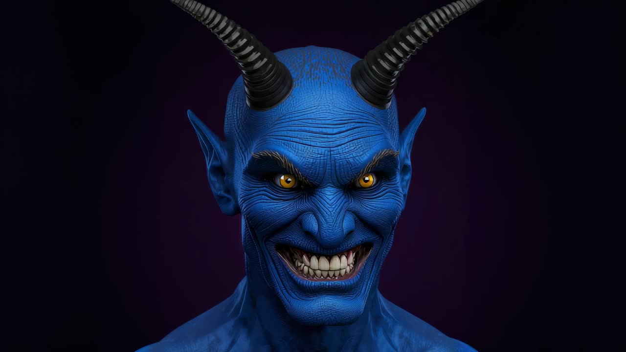 Opening close-up showing horned head rotating into profile against dark purple, with glowing eyes