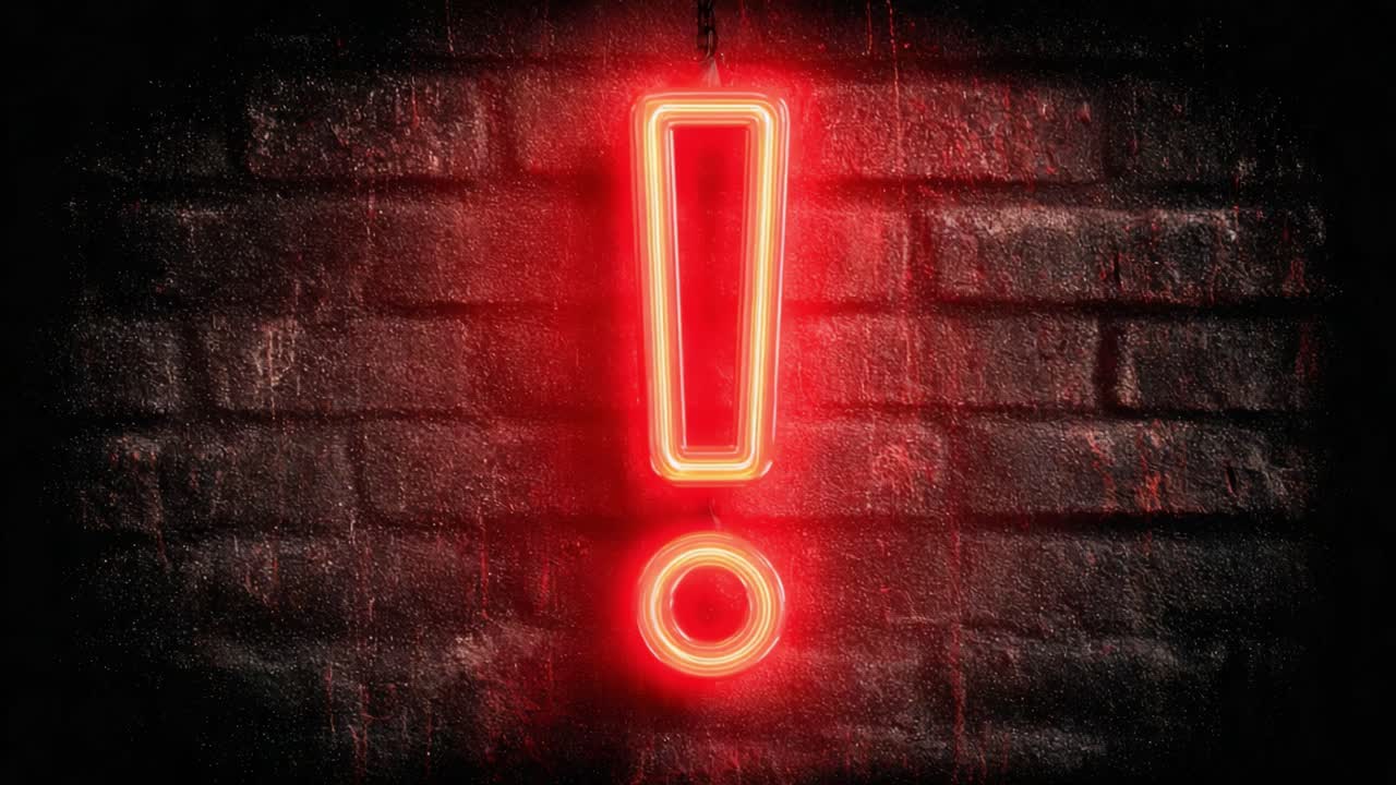 A vivid neon exclamation mark illuminating a dark brick wall, capturing attention with its vibrant glow and signifying an undeniable alertness or warning