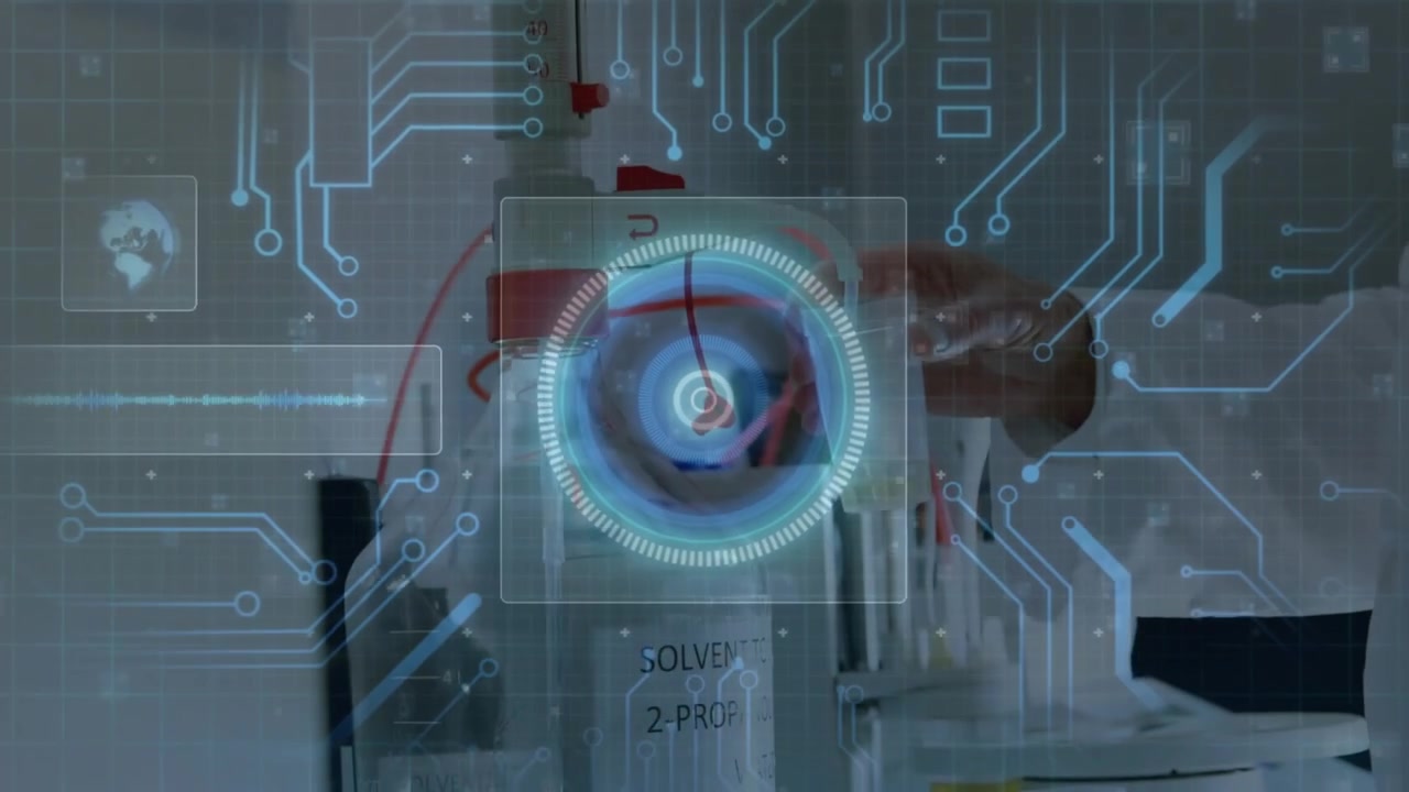 Scientist placing sample cup onto lab balance and activating digital scanning overlay for analysis