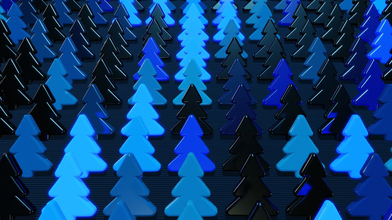 tarjeta de navidad con guirlanda azul, bombillas en forma de árbol de navidad en el avión. hermosa composición de año nuevo en bucle. estandarte de año nuevo, guirlanda de neón o juguetes de navidad en forma de árboles de navidad