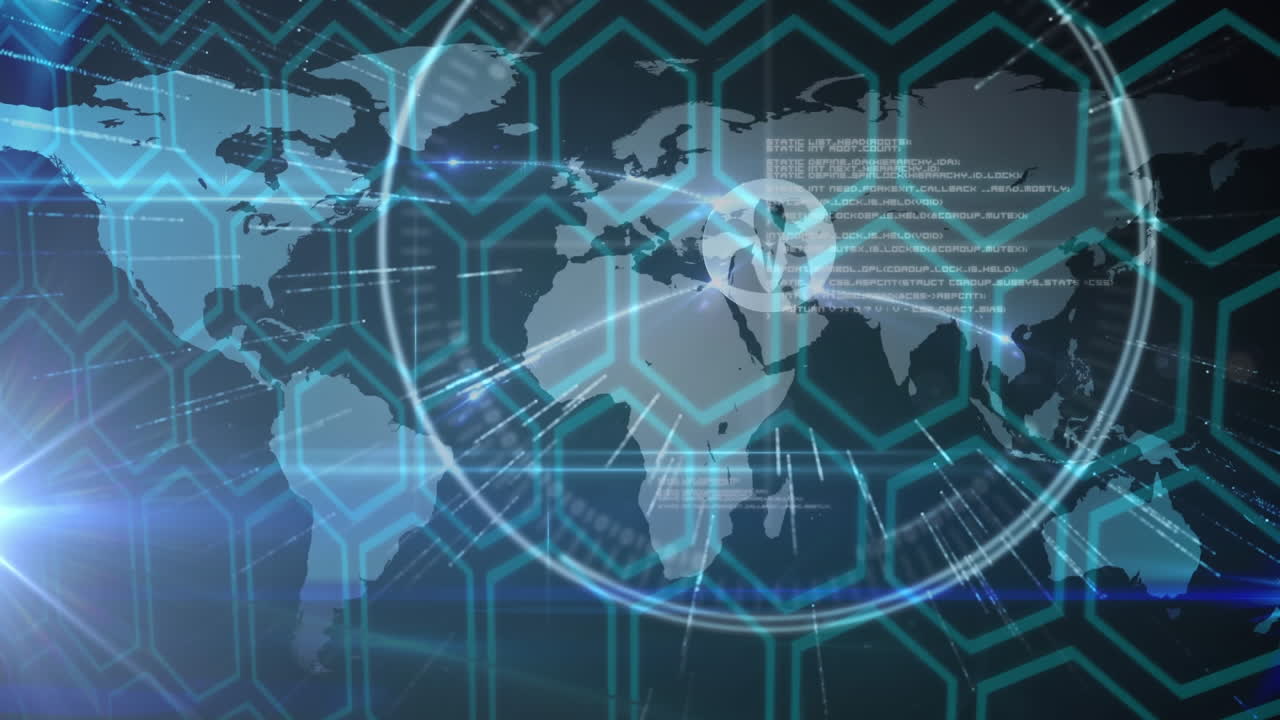 세계 지도 위의 사람 아이콘의 네트워크를 통해 범위 스캐닝과 데이터 처리의 애니메이션