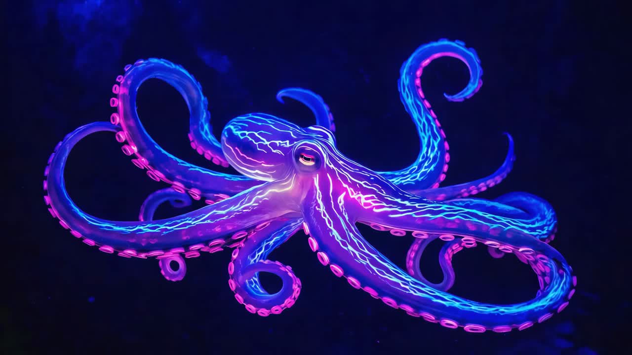 Neon Glowing Octopus in Dark Waters
