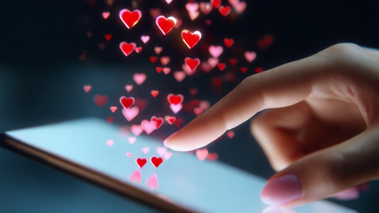 A hand reaches out to a mobile device as vibrant hearts float upwards, symbolizing love and connection in the digital age, showcasing the power of modern communication through technology