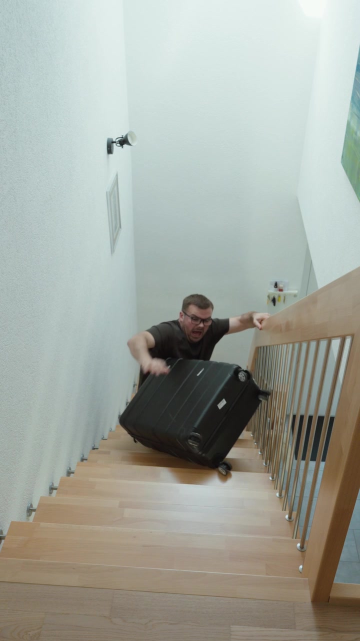 Man carrying a heavy suitcase down a staircase and falling, showing travel strain, loss of balance, risk, and a household accident hazard.