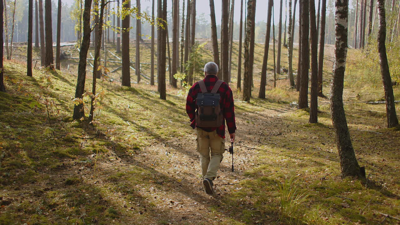 visser loopt 's morgens door het bos zonnig weer in de herfst wandelen kamperen en vissen mannen hobby