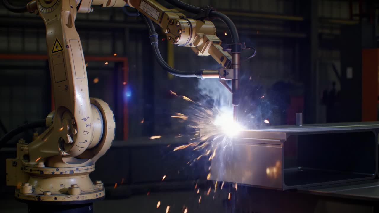 Robotic Arm Performing Precision Welding in Industrial Setting: Sparks Fly as Automation Enhances Efficiency in Metal Fabrication Processes