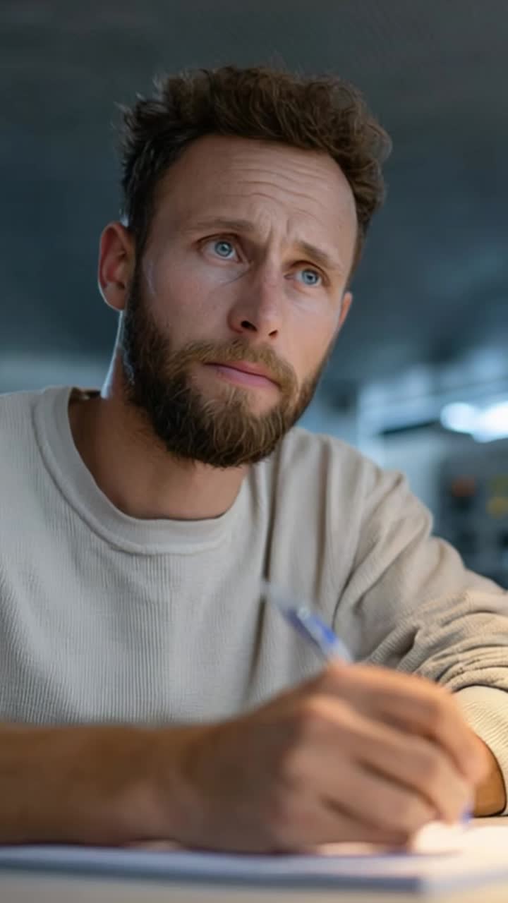 Uomo concentrato intento a scrivere con una penna in mano, immerso in una riflessione pensierosa in un ambiente scarsamente illuminato, catturando idee creative e ispirazione
