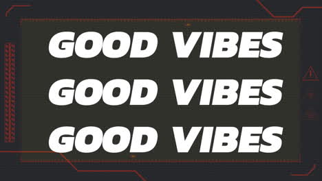 animation of good vibes in white and colourful text with red lines on black background