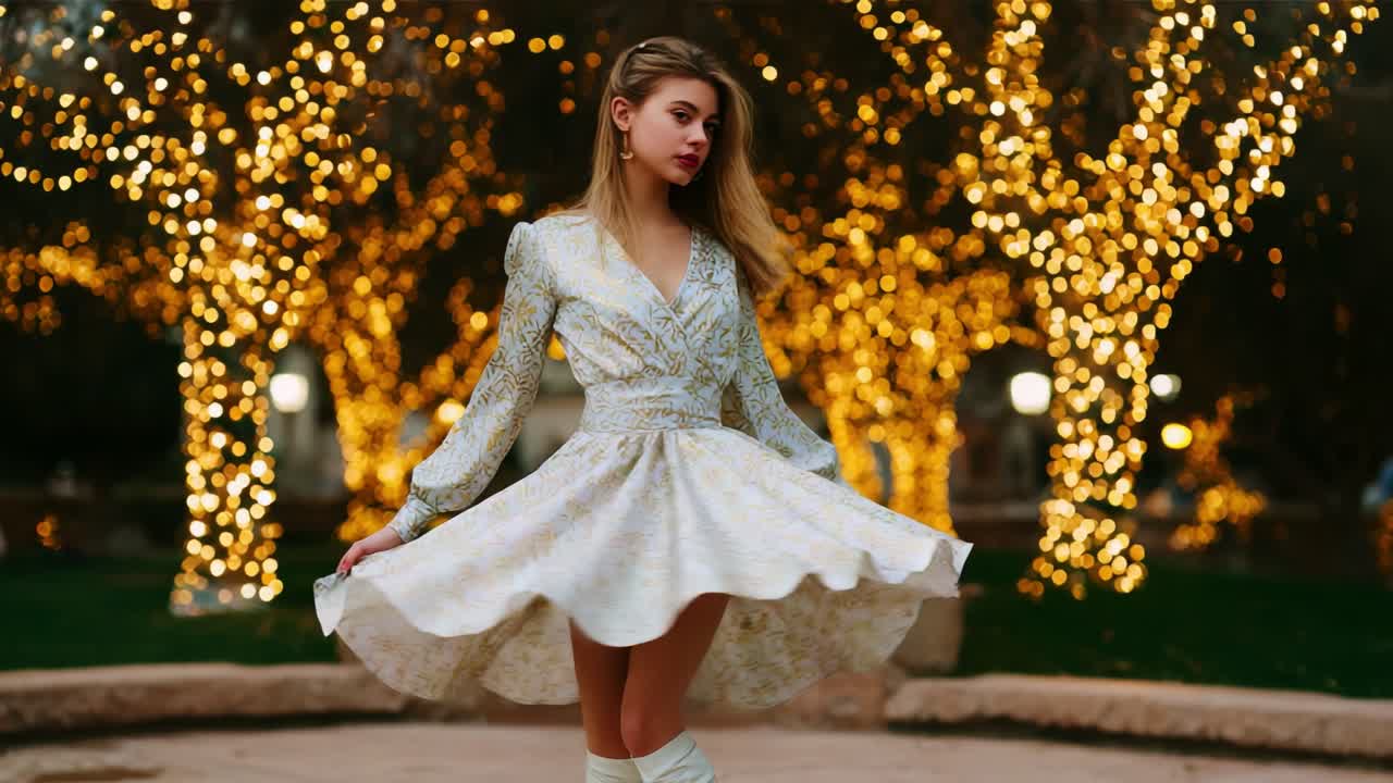 A young woman dances gracefully in a beautiful white dress illuminated by enchanting twinkling lights, creating a magical and festive atmosphere around her during an evening celebration