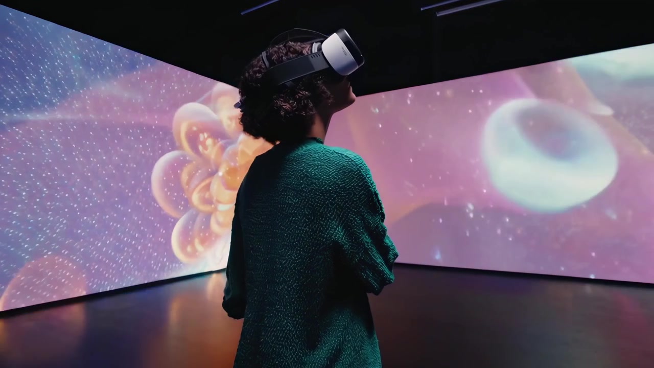 Young Woman Experiencing Immersive Virtual Reality Art Installation