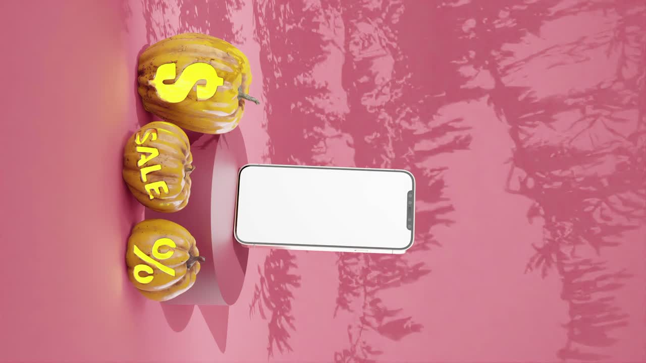 할로윈 판매 수직 광고 전화 화면에  화면과 호박, 빨간 배경