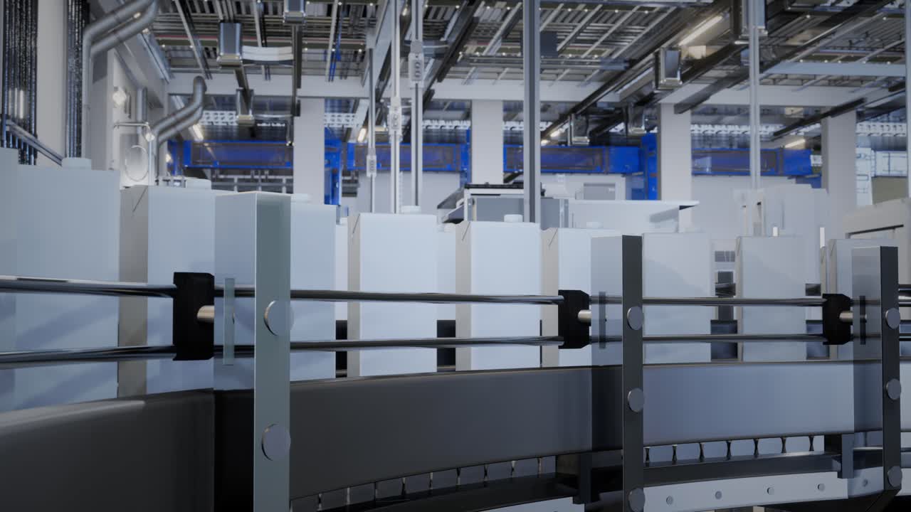 현대 공장에서 자동화 된 생산 컨베이어 라인: 생산 컨베어 라인에서 상자를 운반하는 것, 생산 컨베이어 라인에서 운반되는 상자 상자, 기계 메커니즘