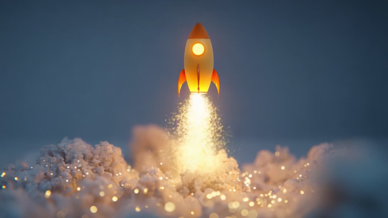 A small rocket taking off from a fluffy cloud, surrounded by sparkling particles and bright lighting, showcasing the magic of flight and adventure for imaginative exploration