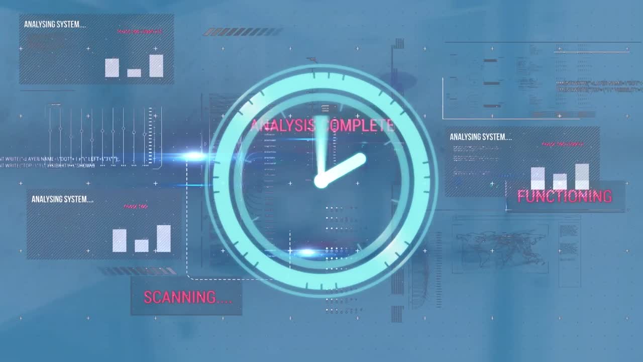 그래프, 텍스트, 지도, 컴퓨터 언어, 추상적인 배경 위에 디지털 시계의 애니메이션