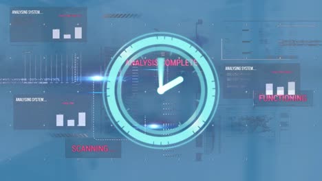 animación de relojes digitales sobre gráficos, textos, mapas, lenguaje informático sobre un fondo abstracto.