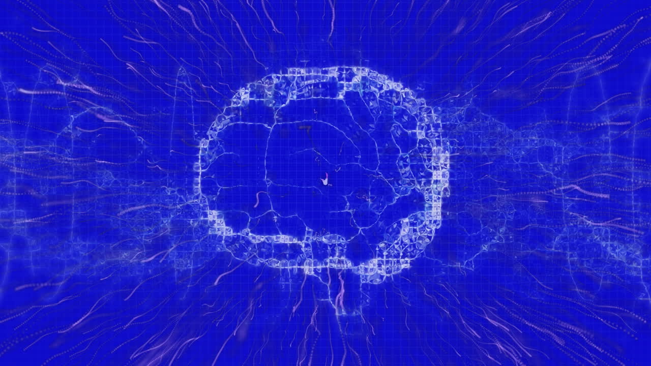 어두운 파란색 배경에 인간의 뇌와 파란색 트레일의 애니메이션