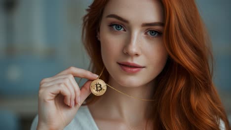 a stunning woman with red hair proudly displays a golden bitcoin pendant, symbolizing the fusion of beauty and cryptocurrency in a contemporary setting