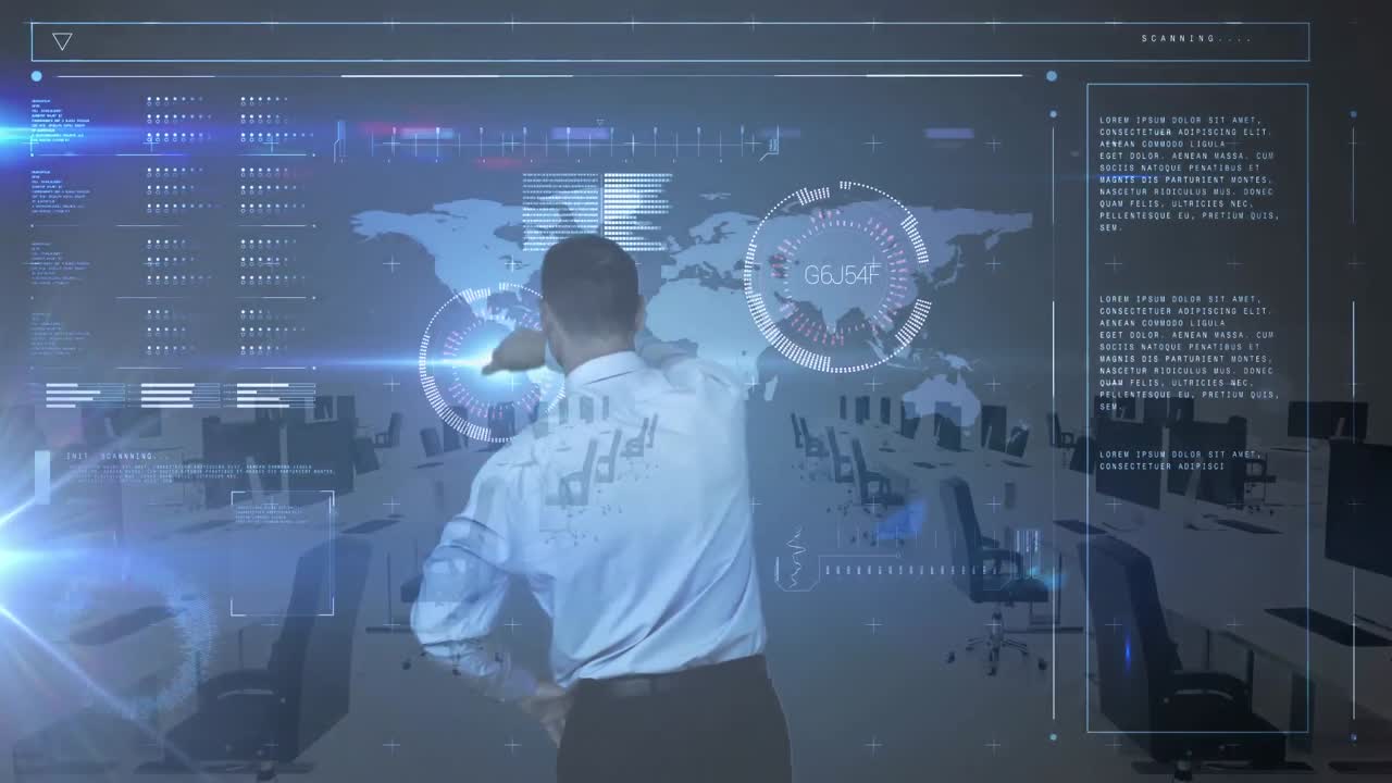 цифровой интерфейс с обработкой данных над бизнесменом, касающимся футуристического экрана против офиса