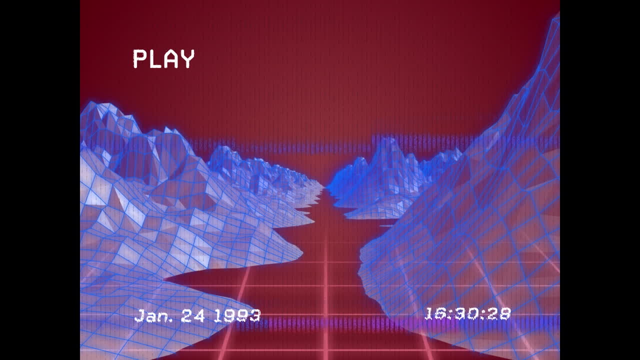 레드 배경에 네온 라인과 디지털 마운틴에 대한 장애 간섭의 애니메이션