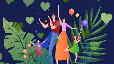 animation of happy family over blue background with leaves and hearts