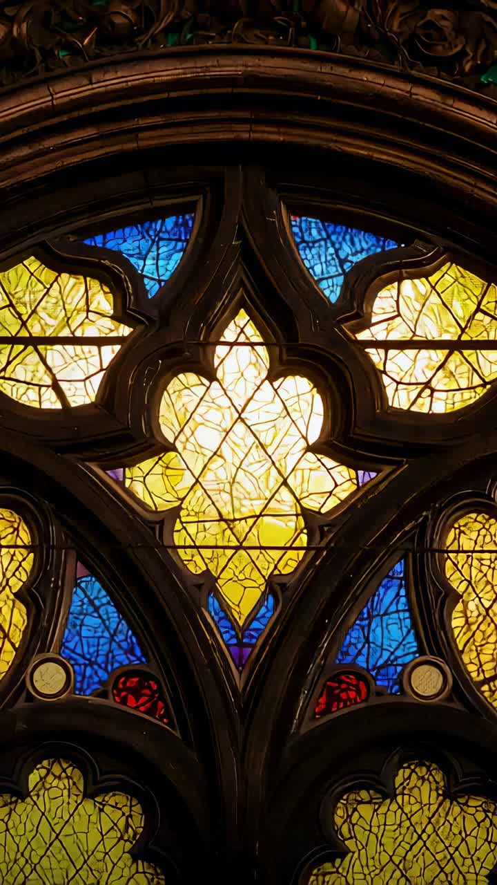 Vertical video: Operator pushing camera upward in church, showing gold quatrefoil and tracery