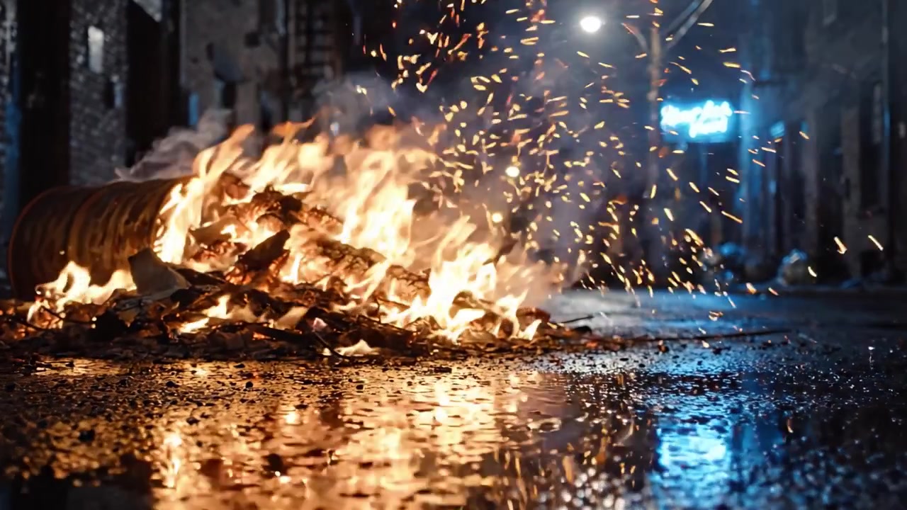 Eine schaurige Nacht in der Stadt: Feurige Spiegelungen auf regennassen Straßen inmitten verfallener urbaner Umgebung