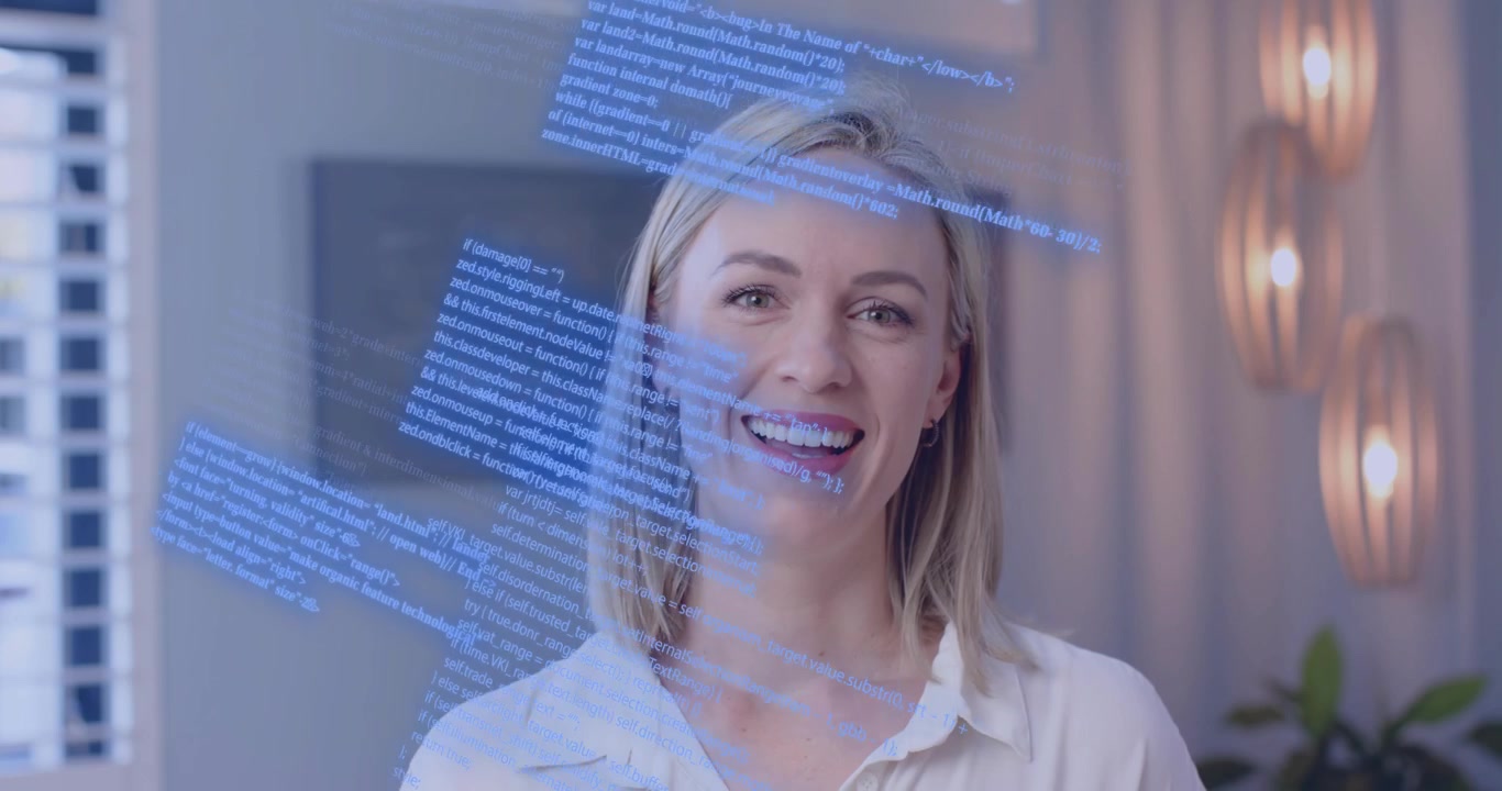 Donna con flussi di dati blu che scorrono sul busto e mostrano la tecnologia digitale.