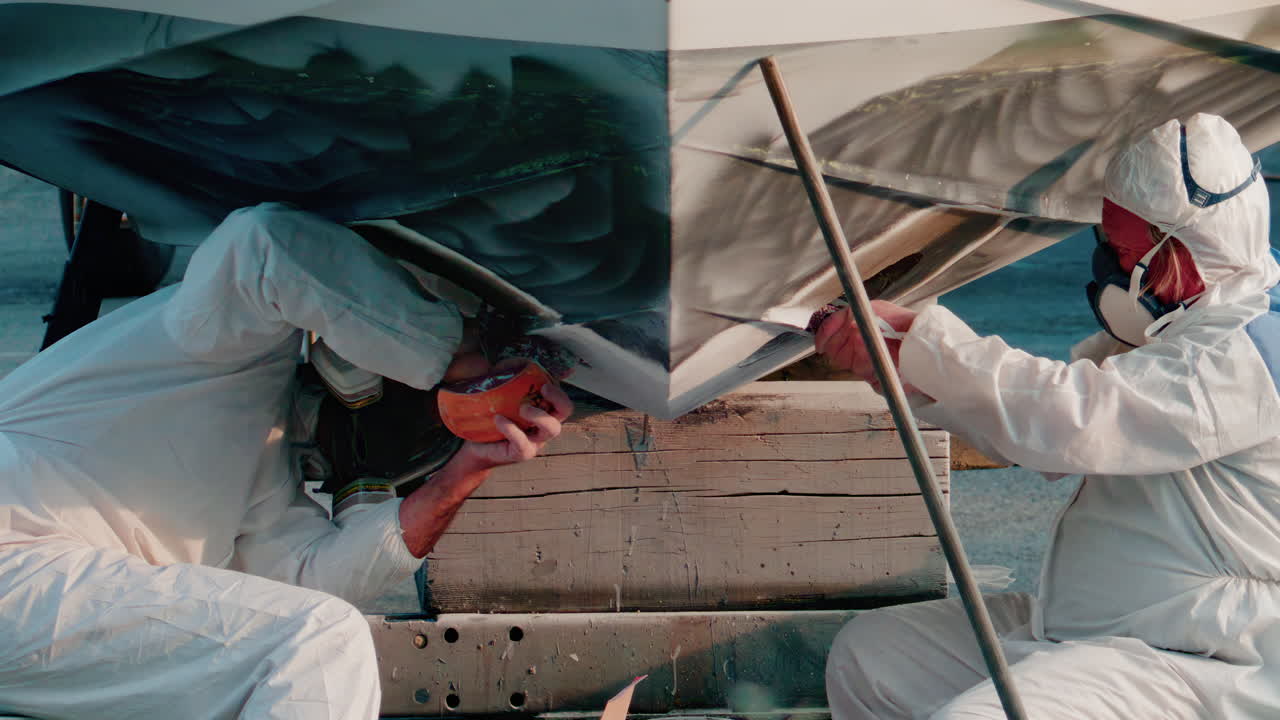 Cannes, France - October 11, 2025: Two workers wearing protective white suits and respirators sand and repair the hull of a boat in dry dock