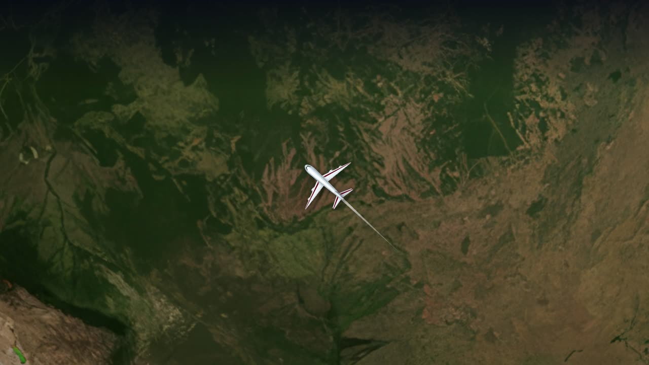 Satellittvisningsanimasjon sporer et kommersielt fly som flyr fra Sør-Amerika til Nord-Amerika.