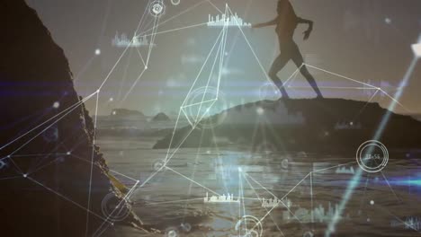 animación del procesamiento de datos y redes de conexiones sobre mujer caucásica practicando yoga