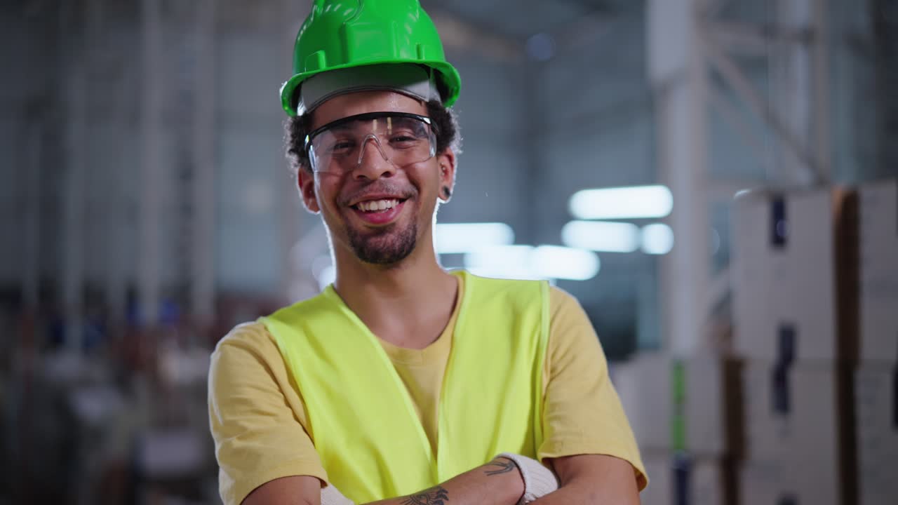 Smiling Male Worker in Safety Gear in a Warehouse
