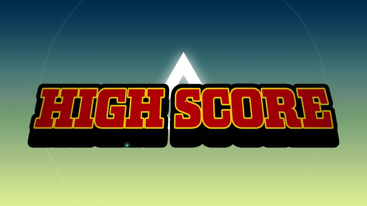 animación de texto rojo de alta puntuación, sobre explosión y formas blancas giratorias, en y amarillo y azul