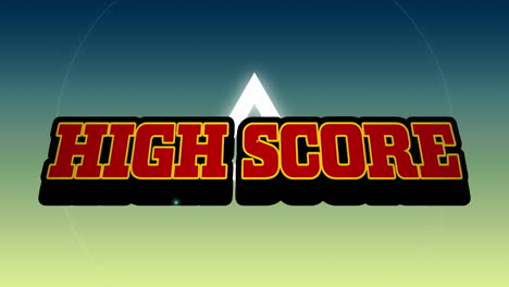 animation of red text high score, over explosion and rotating white shapes, on and yellow and blue