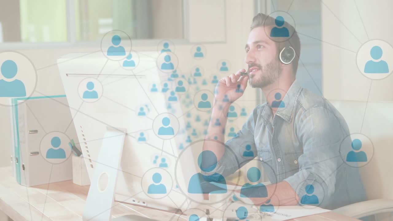 In school, animation overlay with man wearing headset working at desk