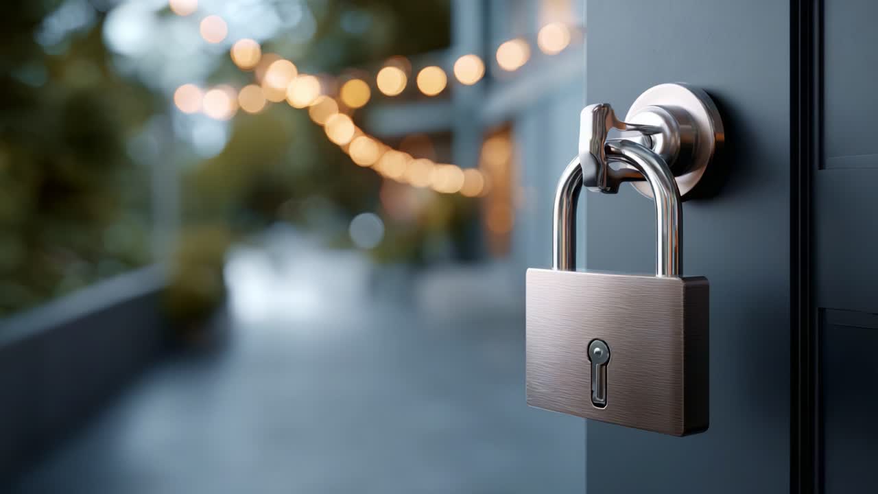 Shiny padlock attached to a door, symbolizing security, protection, and privacy, with a blurred background of warm lights creating a cozy atmosphere
