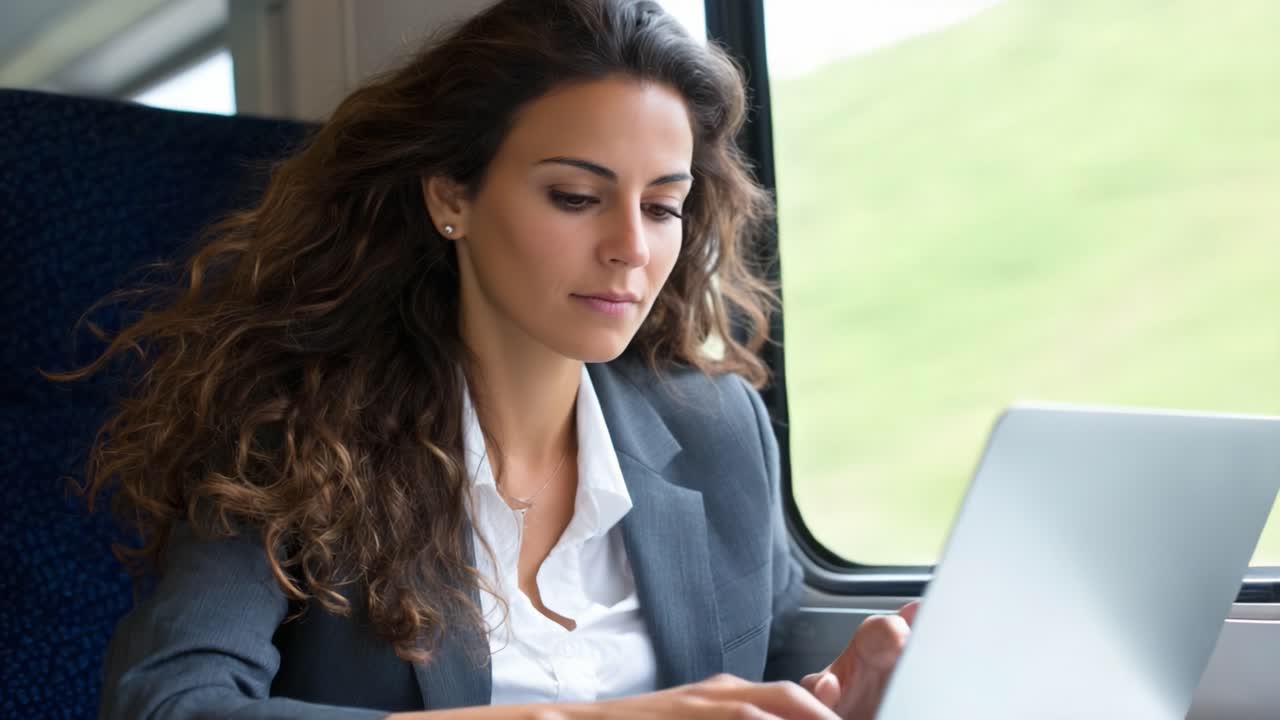 Focused Professional Working on a Laptop While Traveling by Train, Representing Remote Work and Modern Commuting Lifestyle in a Scenic Environment