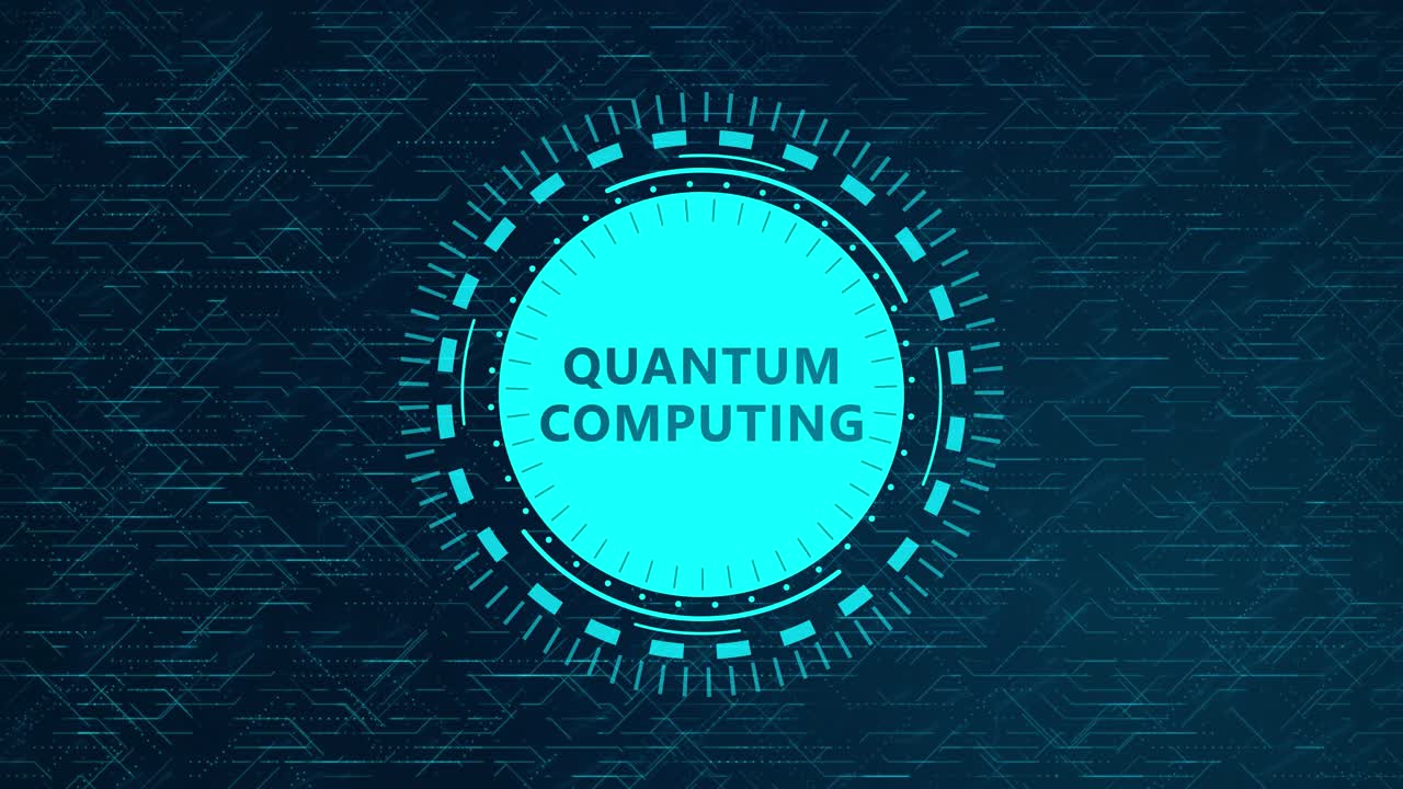 Futuristic Quantum Computing Concept with Rotating HUD Elements and Circuitry Design