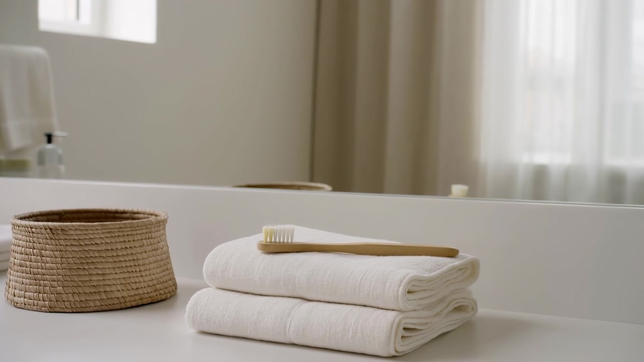 A calm modern bathroom interior with a rolled white towel and wooden toothbrush on a counter, a woven basket nearby, and a mirror reflecting soft daylight