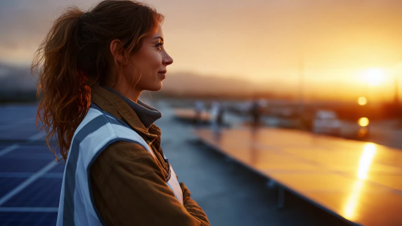 A dedicated professional reflects on the horizon at sunset, surrounded by solar panels, embodying hope and sustainability in the renewable energy sector, contemplating future innovations and environmental impact