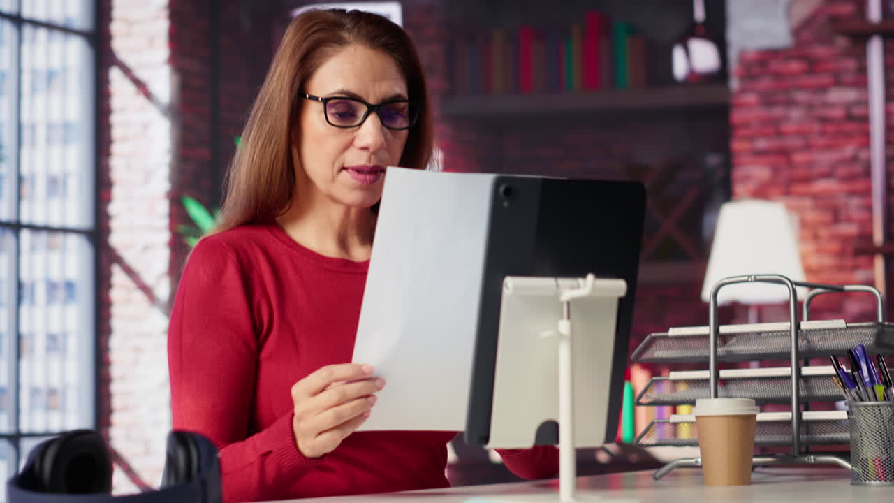 Woman working in office with tablet and documents