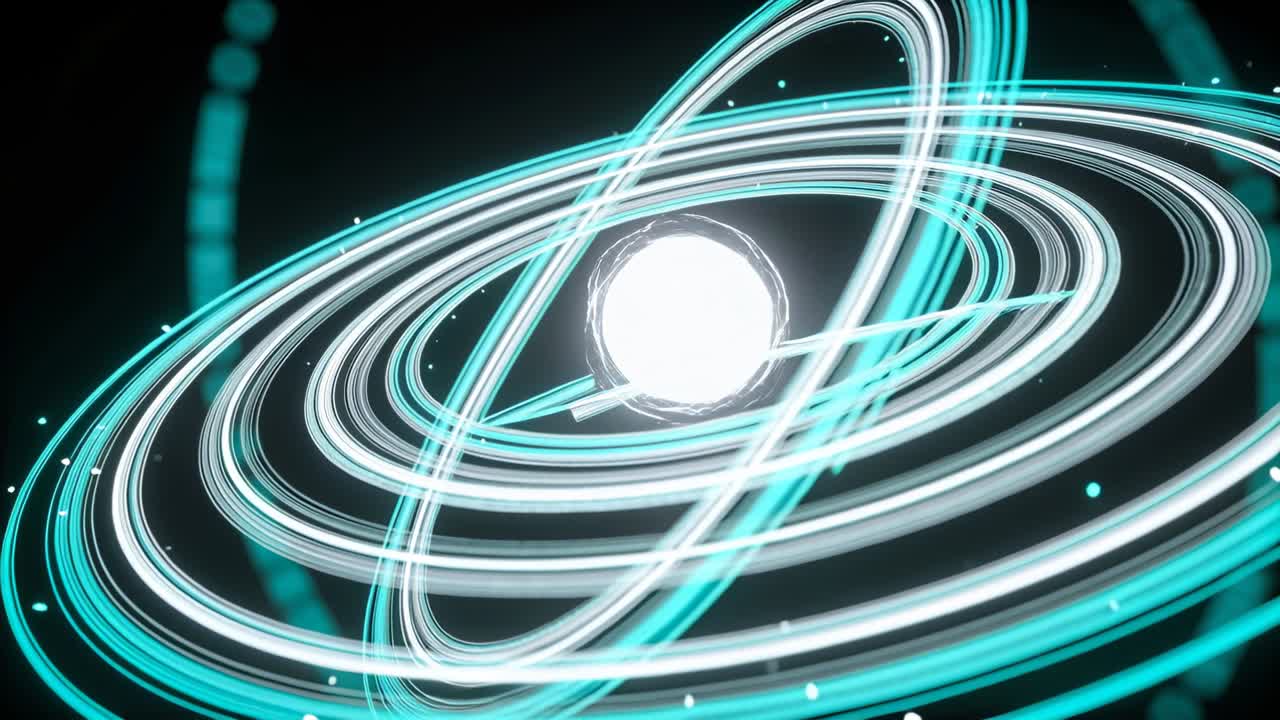 Vertical video: Frame1 starting spin, center sphere bright cyan rings tilting, dust drifting, tech