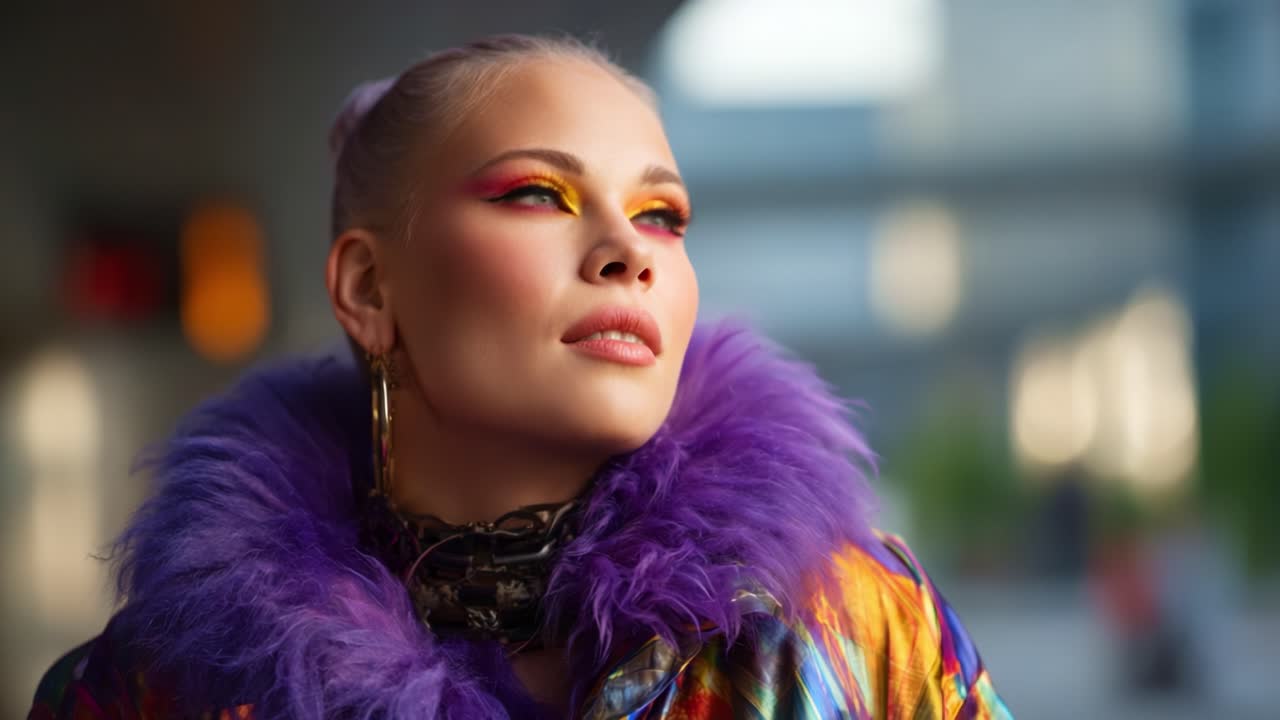 A Stylish Portrait of a Fashionable Model with Dramatic Makeup and Colorful Outfit Captured in a Chic Urban Environment, Showcasing Bold Colors and Expressions