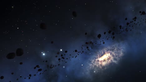 rocas de asteroides caen en el espacio con el fondo de una galaxia