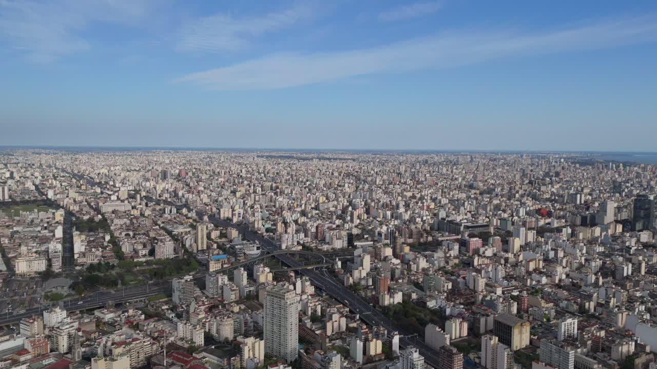 Capturing buenos aires' urban sprawl from above, showcasing its diverse architecture under a clear blue sky