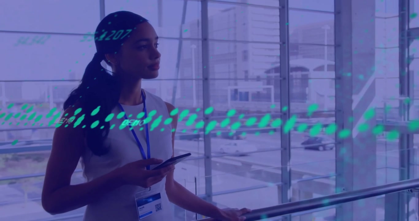 Animation of financial data processing over businesswoman using tablet in office