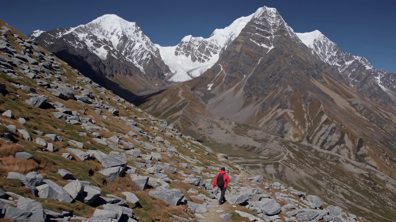 Aerial video of a hiker in a red jacket walking on a rocky mountain trail, surrounded by majestic