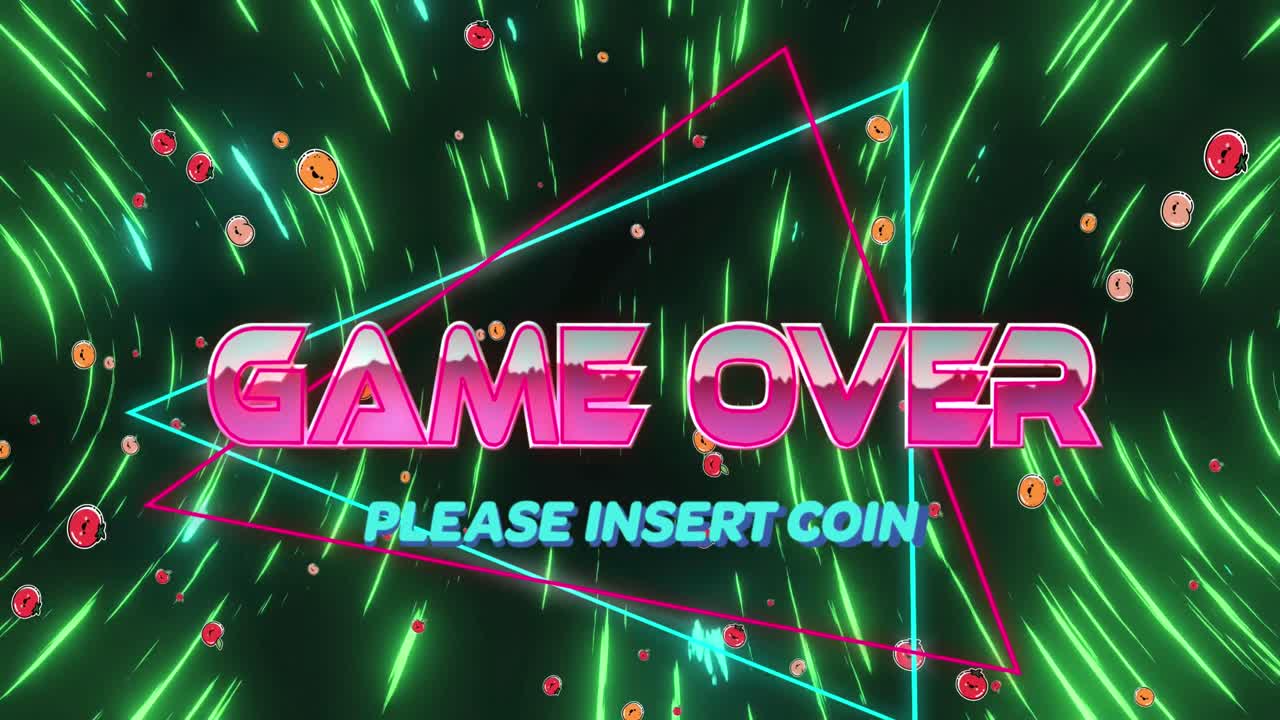 검은색 배경에 회전하는 이모지 아이콘과 녹색 빛 트레일을 통해 텍스트를 통해 게임의 애니메이션