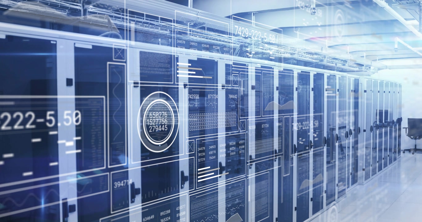 Grid outlines appearing on server racks, camera panning, overlays updating to monitor before fading