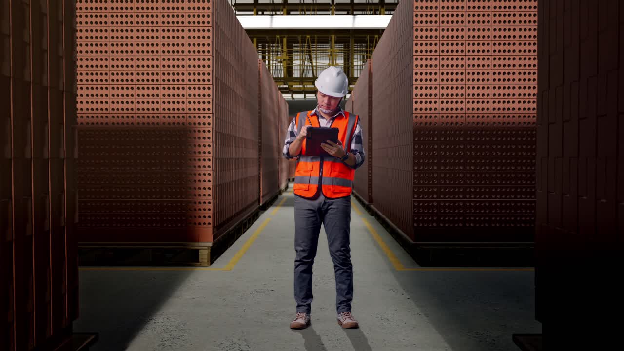 Full Body Of Asian Male Engineer With Safety Helmet Taking Note On The Tablet And Looking Around While Standing With Red Brick Packed in Stacks Are Stored